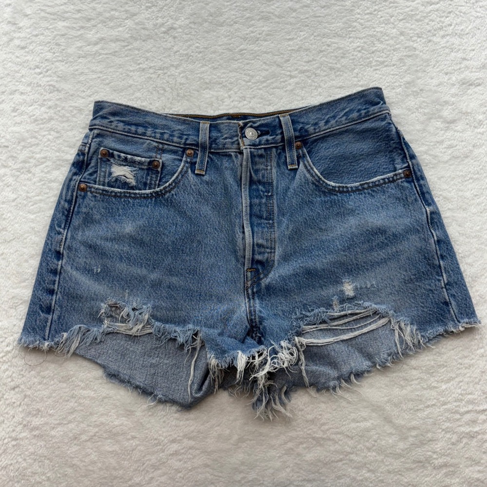 Levis 501 Premium Blue Distressed Denim Shorts High Rise Cut Off Button Fly